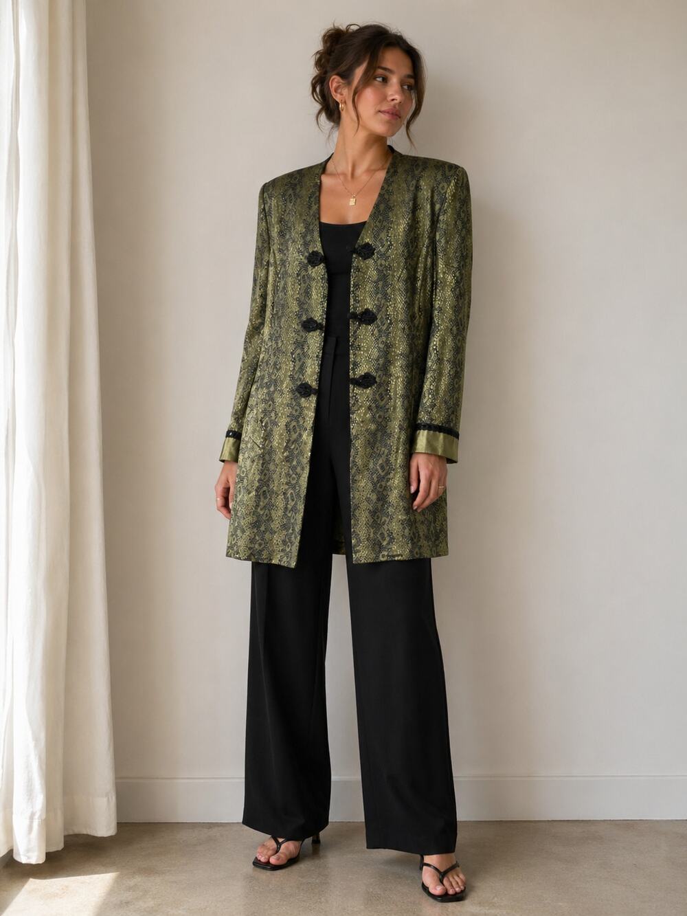NEW Vintage R&M Richards by Karen Kwong Green Snakeskin Satin Long Blazer Jacket - Picture 1 of 7